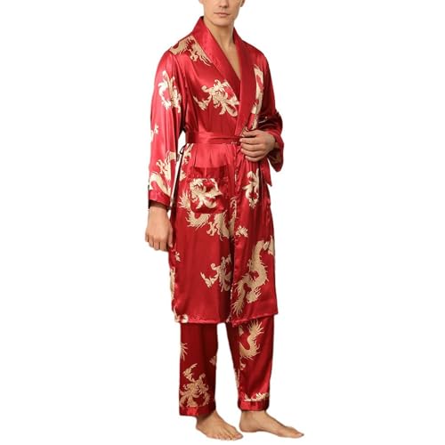 Men's Long Sleeve Pajamas Satin Robe Set Soft Pant Silky Fall V Neck Spandex Comfy Thin Lounge 2 Piece