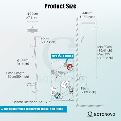 gotonovo Juego de grifería para ducha expuesta 3-en-1, cuerpo cuadrado, sistema de ducha expuesto con pico para bañera, cabezal de ducha de 8” con ducha de mano, manija única 3 funciones, altura ajustable, para uso interior y exterior miniatura 3