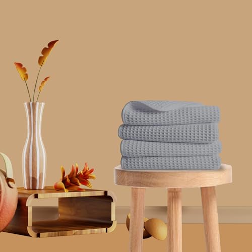 Image of Pure Cotton Waffle Towel | Lightweight | Anti Microbial and Water Absorbent | Soft Touch Quick Drying Hand Towels (Silver, Pack of 4)