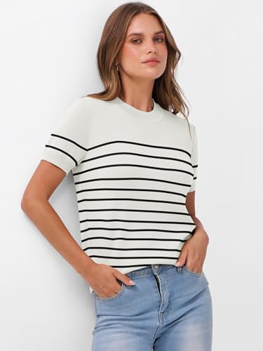 Image of ANRABESS Womens Short Sleeve Sweaters Wool Blend Crew Neck Sweater Shirts Business Casual Work Tops 2026 Summer Outfits
