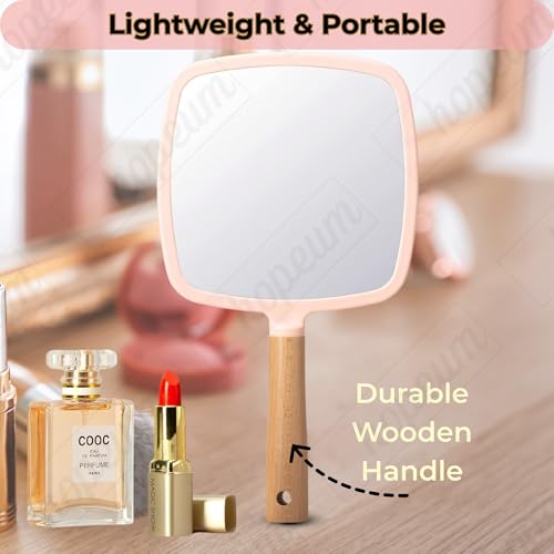 Image of Wood Hand Mirror Square Shaped Handle Makeup Mirror, Small Cute Wooden Shaving Mirror with Single Side Hanging Hole, Travel Portable for Men Women