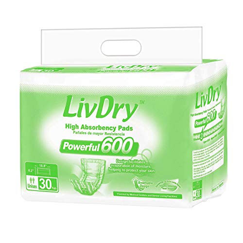 LivDry Incontinence Pad Insert for Men and Women | Extra Absorbency with Odor Control (Powerful 600 (30 Count))