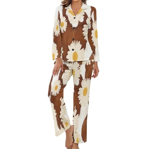 Pyjama deux pièces manches longues pour femme : look marguerites respirant et grande taille confort