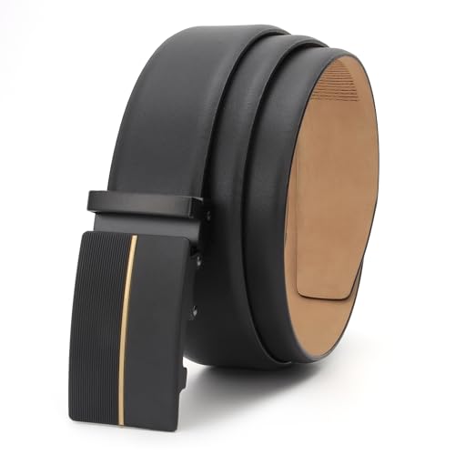 Auto-lock Black Men's Leather Belt, Wrinkle-free Genuine leather, No-hole, Micro-adjustable Belt with Nubuck Backside