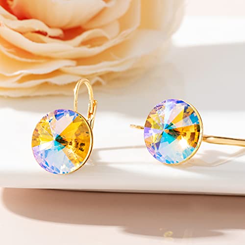Austrian Crystal Round Drop Earrings for Women 14K Gold Plated Hypoallergenic Leverback Hoop Earrings (Dazzle Golden) - Image 5
