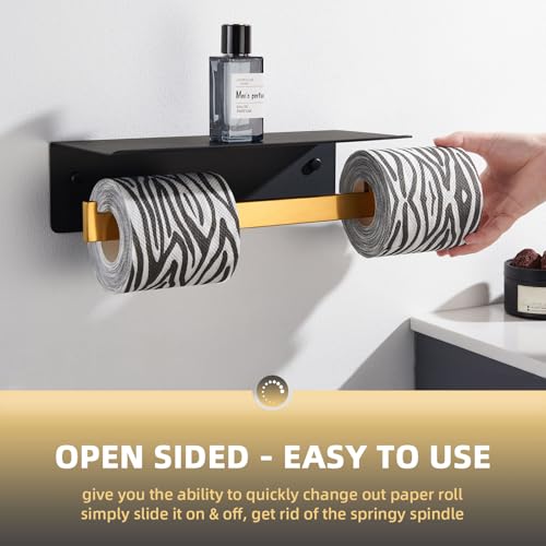 Image of Angle Simple Bathroom Toilet Paper Holder with Phone Shelf, Black and Gold | SUS304 Stainless Steel, 2 in 1 Tissue Roll Holder, Double Roll Storage, Top Shelf for Phone Wet Wipe Small Item, Screw Mount