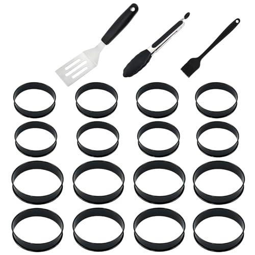 16PCS English Muffin Rings, 4 Inch+3.35 Inch Stainless Steel Ring Molds For Cooking Set, Nonstick Metal Round Cake Ring, Muffin Ring,Cooking Rings for Baking With Silicone Brush/Clamp/Trowels