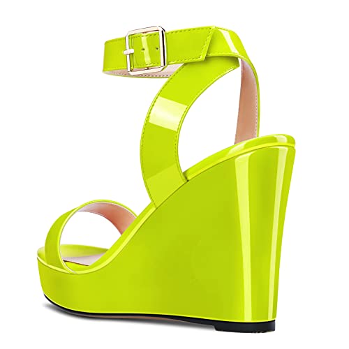 Image of Aachcol Women Platform Wedge Sandals Round Peep Open Toe Ankle Strap Slingback Two-Piece Chunky Block High Heel Dress Shoes Pumps Party Patent 4 Inch