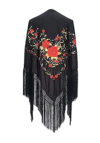 Flamingo Peak Shawl with Fringe - Red-Gold Embroidery - Large 190X90cm, Black/White, L3