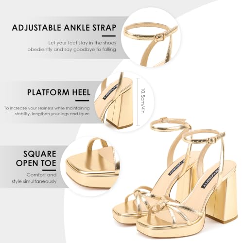 Image of MIRAAZZURRA Platform Strappy Heel Sandals Square Open Toe Two Strap Chunky High Heeled Sandals with Buckle Ankle Strap for Women Party Wedding Dress