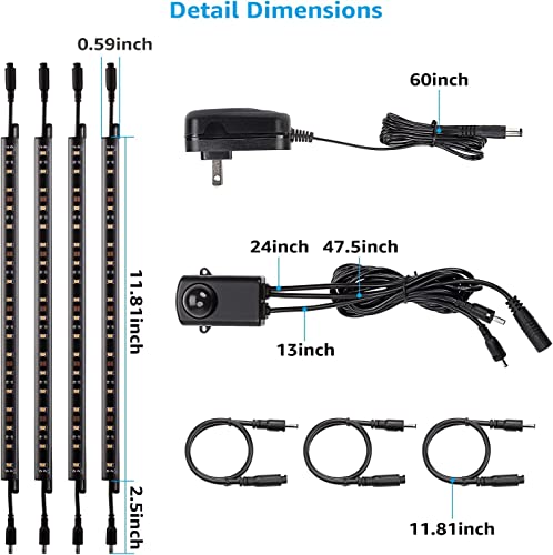 TORCHSTAR LED Safe Lighting Kit, (4) 12 Inch Linkable Light Bars + Motion Sensor + UL Power Adapter, 600LM, Input 100-240V, for Under Cabinet Gun Safe Locker Closet Showcase, 3000K Warm White