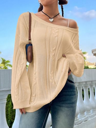 Image of SKAYS Oversized Fall Sweaters for Women, Oversized Cable Knit Sweater Off Shoulder, Solid Color Crew Neck Sweater