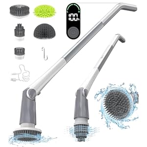 MIBODE Electric Spin Scrubber, Shower Scrubber with LED Display & 5 Replacement Scrubber Head, 2H Bathroom Scrubber Dual Speed, Electric Scrubber for Cleaning Bathtub Grout Tile Floor