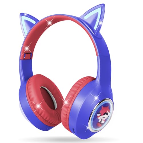 AXFEE Auriculares Inalámbricos para Niños, Auriculares Circumaurales de con Luz Led, Auriculares Plegables para Niños con Micrófono, para Móvil/Tableta Regalo de Cumpleaños/Navidad (Azul)