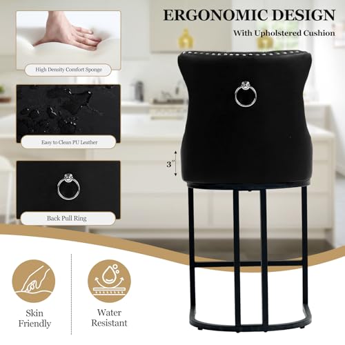 Image of UVV Counter Height Bar Stools Set of 2, 26 inch Modern Barstools with Back, Faux Leather Upholstery Counter Chairs with Metal Legs for Kitchen Island, Bar, Counter, Black
