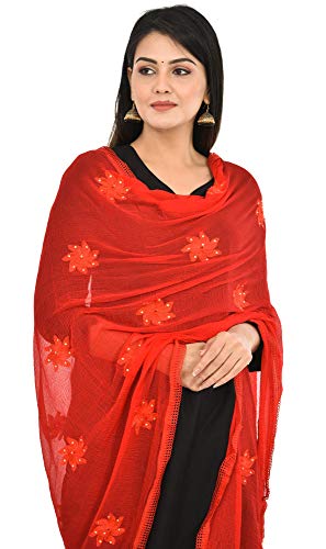 Image of YOUTHQUAKE Flower Embroidered Diamond Work Chiffon Dupatta for Womens & Girls With 4 Side Lace