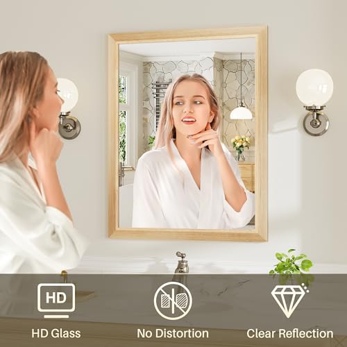 Image of 22x30 Inch Bathroom Mirror for Wall, Anti-Rust Oak Wood Grain Metal Framed Bathroom Mirrors for Over Sink,Rectangler Mirrors for Bathroom Vanity, Farmhouse, Bedroom, Living Room, Entryway Decor
