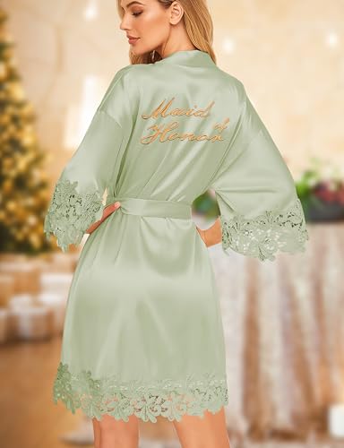 Image of EPLAZA Bride Robe for Wedding Day Set Bridal Robe Lace Trim Silky Embroidery Satin Kimono for Bridal Party