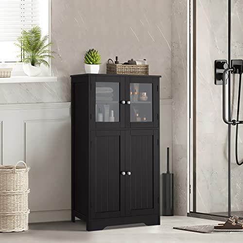 Iwell Bathroom Cabinet, Linen Storage Cabinet With Glass Doors & Adjustble Shelf, Bathroom Floor Cabinet, Cupboard For Living Room, Office, Enterway, Black #TOP3