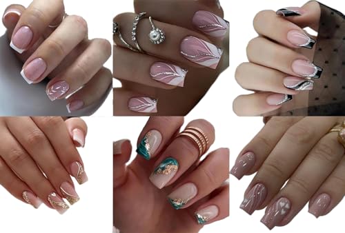 6 Packs (144 Pcs) Press on Nails Medium Design, Almond Fake Nails with Adhesive Tabs Acrylic Nails for Women and Girls