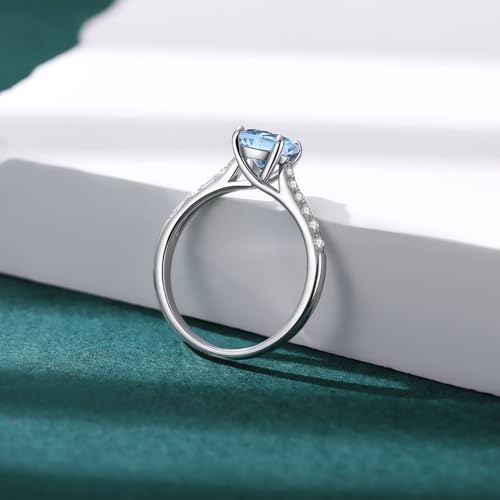 925 Sterling Silver Ring with Blue Round Zircon, 7x7mm Main Stone, Engagement Band with Clear Zircon Accents, 2mm Width, Ideal Gift for Women2