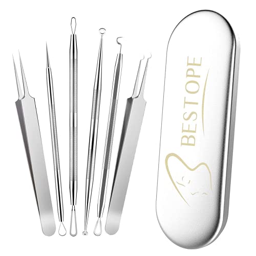 Blackhead Remover Extractor Tweezers Tool, BESTOPE 6PCs Comedone Pimple Extractor Acne Zit Popper Blackhead Removal Tools Kit Treatment for Blemish Risk Free Nose Face Skin