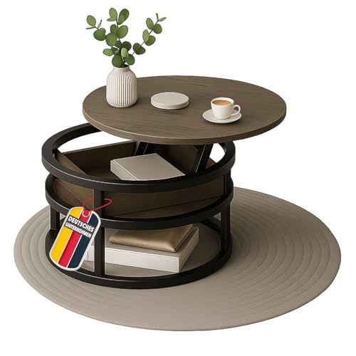 Table basse Swing grise avec plateau réglable et compartiment de rangement dissimulé, en métal et bois, table d'appoint pour salon, table basse ronde avec...