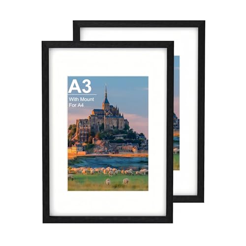 Juego de 2 portarretratos A3 de madera negra, 42 x 29,7 cm, con soporte A4, marco para póster para certificados y obras de arte, montaje en pared horizontal o vertical