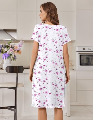 Image of Ekouaer Nightgowns for Women with Pockets Button Front Short Sleeve House Dresses Floral Print Mumu Dress