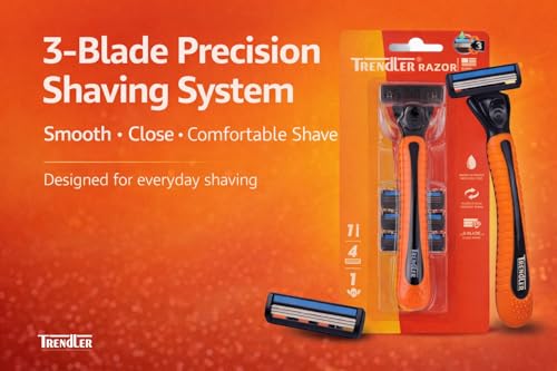 Image of 3 BLADE Razor Set with Hanging Stand | Razor for Men | 4 Cartridges, 1 Handle, Protective Cap | 3-Blade Shaver | Water-Activated Moisture Strip | Smooth Shave Kit (4 Cartridges)