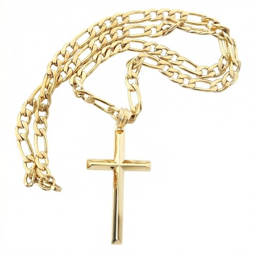 Image of ADORATO JEWELRY 24K Gold Figaro Chain Style Cross Pendant Necklace 5MM Cross Necklace Clasp for MEN, HUSBAND Thin for Charms Miami Cuban Link Diamond Cut Religious Beveled Edge