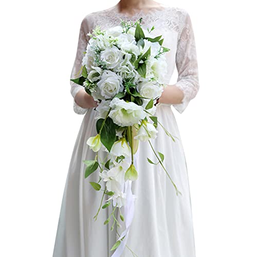 Uposao Bouquet De Mariée, Motif De Goutte d'eau Bouquet De Roses Artificielles, Bouquets De Tenue De Mariée en Cascade Accessoires De Centre De Table De Mariage d'anniversaire