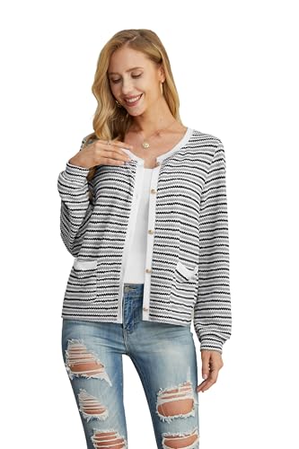 Image of Women Striped Cardigan Button Cardigan Sweaters Dressy Casual Lightweight Jacket with Patch Pockets for Women