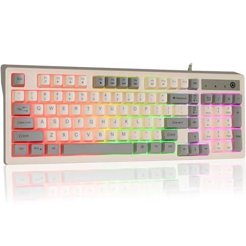 YinRazer Membrane Gaming Keyboard,98 Keys Three Spell Color Matching Game Keyboard,Colorful Neon LED Backlight Ultra-Compact USB Wired Keyboard,for Mac/Win System Laptop PC Gamer Typist (Grey)