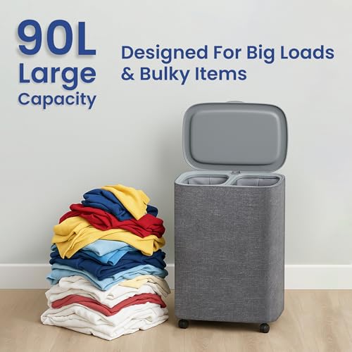XABITAT Dual Section 90L Laundry Basket with Wheels and Lid – Tall divided Double Laundry Hamper with 2 Removable Washable Bags, Large Laundry Sorter for Easy Clothes Separation by XABITAT - Image 4