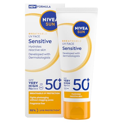 NIVEA SUN Breathable UV Face Sensitive SPF 50+ (40ml) Face Sunscreen For Sensitive Skin Prevents Sun Allergies and Irritations Fragrance-Free and Non-Comedogenic Formula