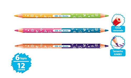 Lápis de Cor Jumbo Bi-Color, CiS, BIG, 52.2200, Sextavado, 6 Lápis / 12 Cores