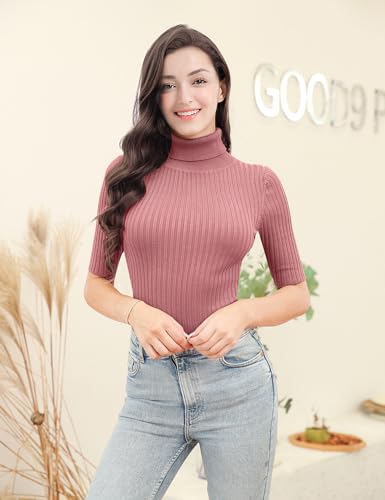 Image of v28 Women Turtleneck 1 /2 Half Sleeve Highly Stretchy Ribbed Knit Fitted Sweater