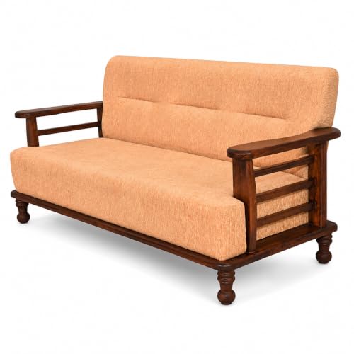 Image of Furniture Solid Sheesham 3 Seater Wooden Sofa for Living Room with Cushion|Slatted Armrest Design Wood 3-Person Sofa Set /Couch for Bedroom,Home,Office & Lounge|Brown Finish,Biscuit /Cream Color