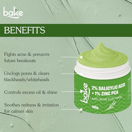 Image of BAKE 2% Salicylic Acid Clay Mask Niacinamide for Acne Prone, Oily Skin, Open Pores & Blackheads | Anti Acne Clay Mask with Kaolin Clay | For Dark Spots, Oily Skin & Blemishes - 100g (Anti Acne)
