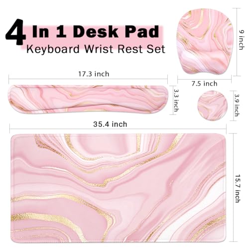 Keyboard Wrist Rest Large Mouse Pad Wrist Support for Computer, 4 in 1 Memory Foam Keyboard Pad Desk Mat Ergonomic Hand Rest Wrist Cushion for Home Office Gaming - Pink Marble - image 3