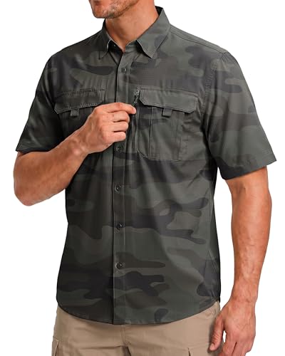 BETBO Men's Short Sleeves Fishing Shirts Button Down Summer Travel Work Shirts with Zipper Pockets(Green Camo, 4X-Large)