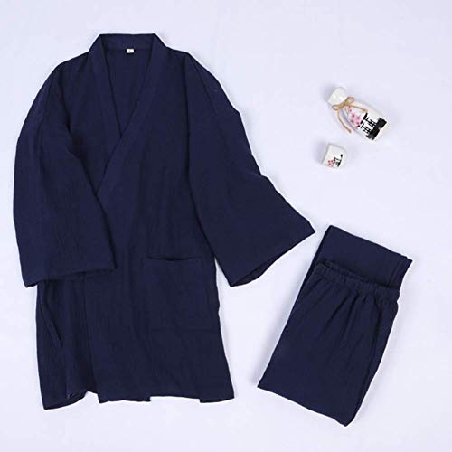 FANCY PUMPKIN Japanese Mens Meditation Robe Double Gauze Cotton Dressing Gown Kimono Pajamas Nightgown[Navy,Size L]2