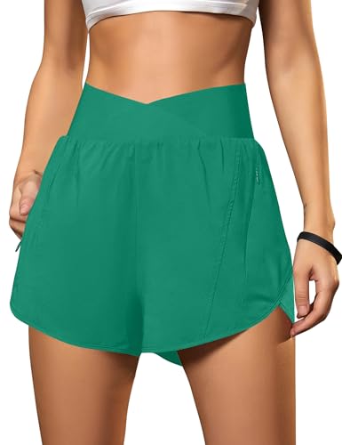 Blooming Jelly Women's Workout Shorts Athletic Running Elastic High Waisted Black Gym Yoga Shorts with Zipper Pockets (Green,Medium)