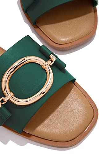 Coutgo Womens Square Toe Dressy Summer Slide Sandals Flat Low Heel Big Metal Chain Slip On Party Slippers Shoes #TOP6