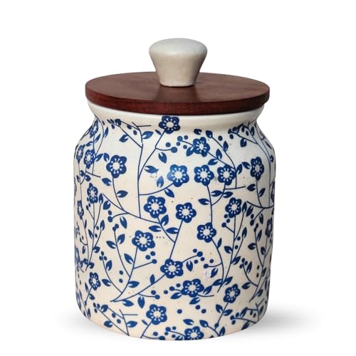 Image of Vistas 'Heritage Blue' Airtight 420ml Set of 3 Ceramic Jar for Kitchen Storage | Handcrafted Ceramic Barni with Wooden Lid | Multipurpose Pickle, Spice & Salt Container