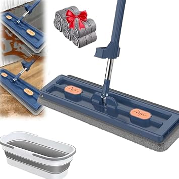 2025 New Large Flat Mop and Bucket Set,360 Rotation Flat Mop with Bucket with 6 Microfiber Pads,for Tile,Hardwood,Windows Wet and Dry Blue