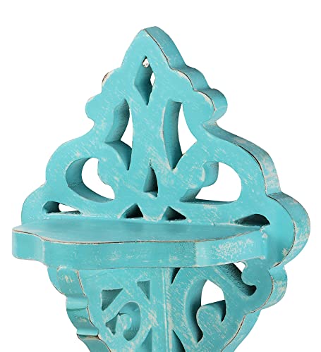 Image of Adan's Homes Shelf Wooden Wall Mounted Distressed Blue Color 23 x 20 X 11 CM Pack of One French Country Style Elegantly Floral Hand Crafted for Home and Office Decor AHSLF28BL