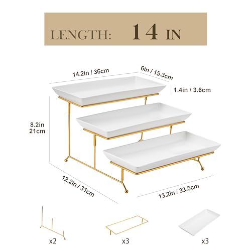 MALACASA 3 Tier Serving Trays for Party, 14 Inch Porcelain White Trays for Serving Food, Dessert Stand with Collapsible Gold Metal Rack by MALACASA - Used condition - Image 2