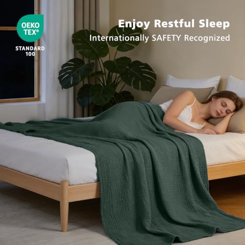 Image of EMME Muslin Cotton Blanket Adults Heather Forest Green Super King 120 inchx94 inch